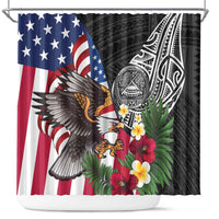 United States and American Samoa Shower Curtain USA Flag Eagle With Seal Tropical Flowers LT14 Black - Polynesian Pride