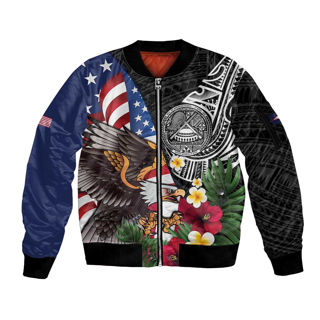 United States and American Samoa Sleeve Zip Bomber Jacket USA Flag Eagle With Seal Tropical Flowers LT14 Unisex Black - Polynesian Pride