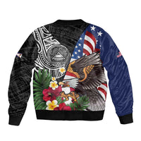 United States and American Samoa Sleeve Zip Bomber Jacket USA Flag Eagle With Seal Tropical Flowers LT14 - Polynesian Pride