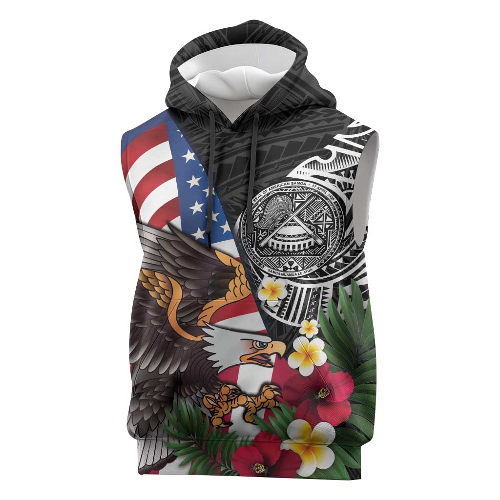 United States and American Samoa Sleeveless Hoodie USA Flag Eagle With Seal Tropical Flowers LT14 Black - Polynesian Pride