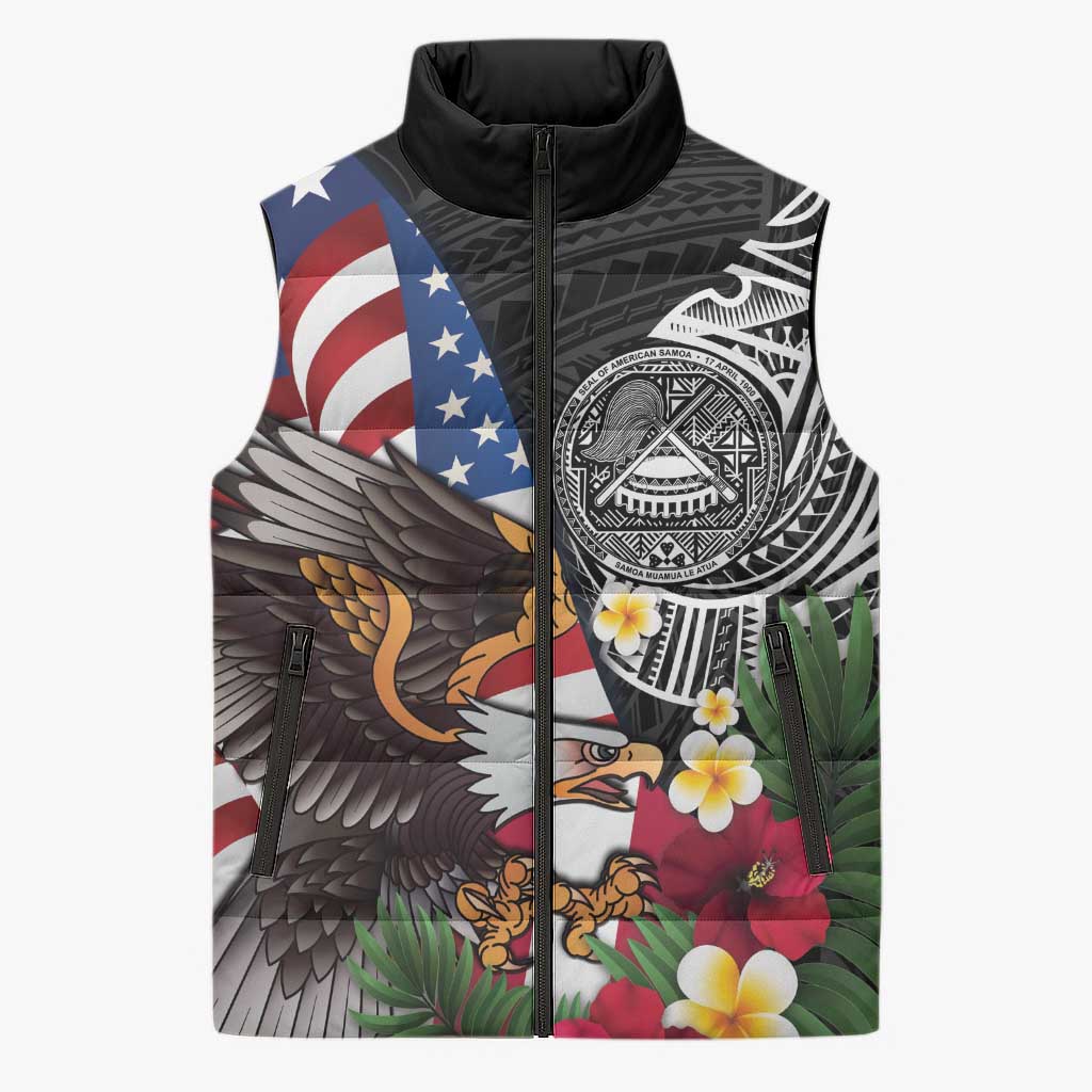 United States and American Samoa Sleeveless Puffer Jacket USA Flag Eagle With Seal Tropical Flowers LT14 Unisex Black - Polynesian Pride