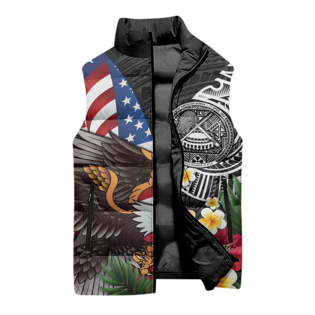 United States and American Samoa Sleeveless Puffer Jacket USA Flag Eagle With Seal Tropical Flowers LT14 - Polynesian Pride