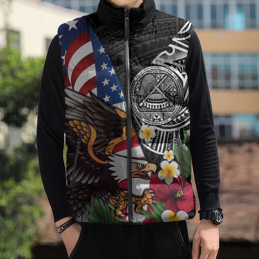United States and American Samoa Sleeveless Puffer Jacket USA Flag Eagle With Seal Tropical Flowers LT14 - Polynesian Pride