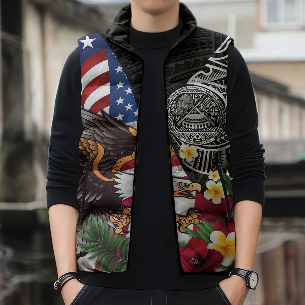 United States and American Samoa Sleeveless Puffer Jacket USA Flag Eagle With Seal Tropical Flowers LT14 - Polynesian Pride