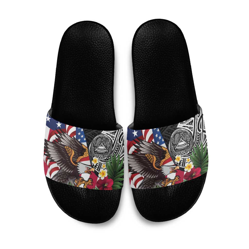 United States and American Samoa Slide Sandals USA Flag Eagle With Seal Tropical Flowers LT14 Black - Polynesian Pride