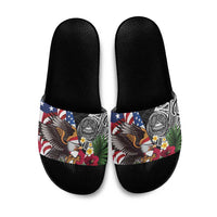 United States and American Samoa Slide Sandals USA Flag Eagle With Seal Tropical Flowers LT14 Black - Polynesian Pride