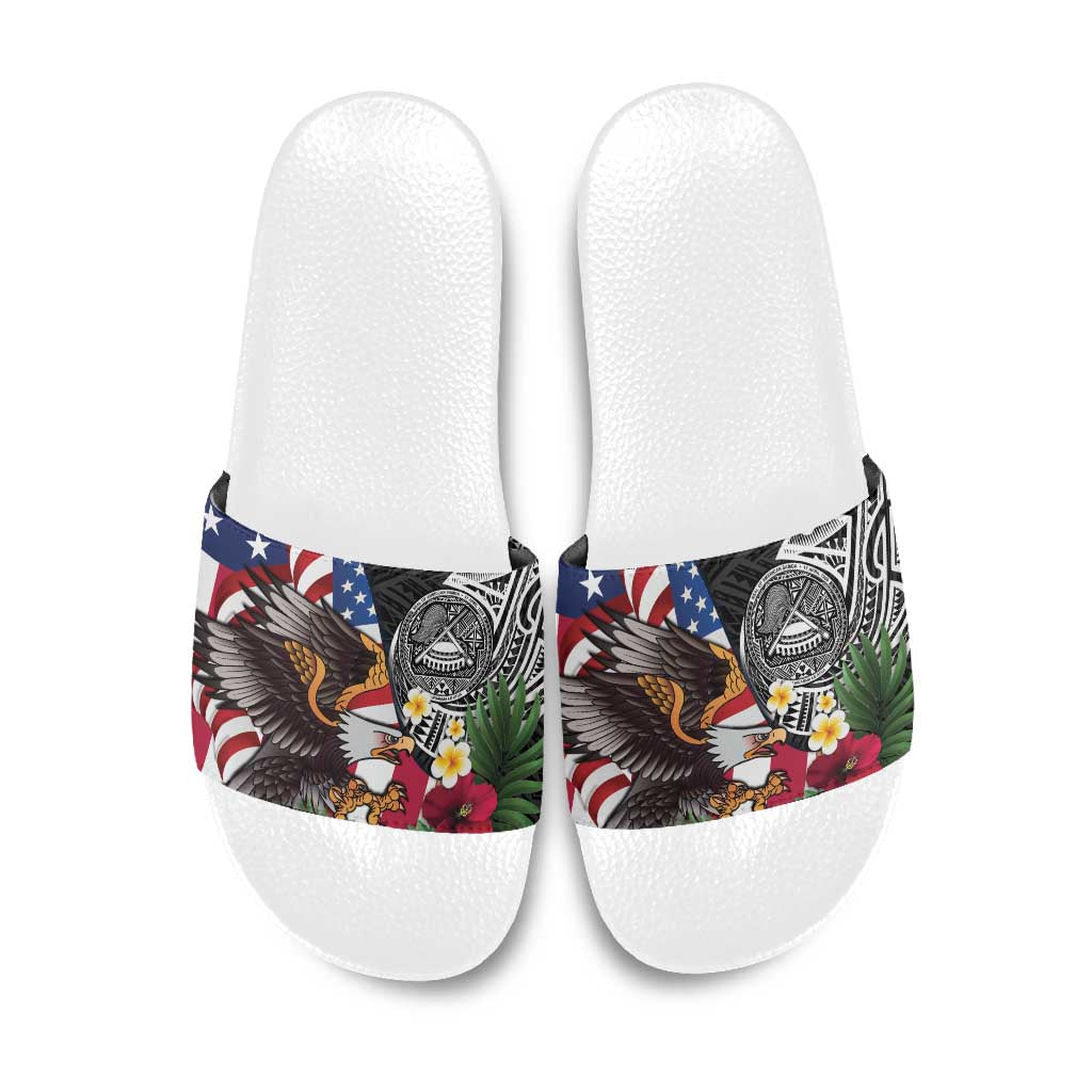 United States and American Samoa Slide Sandals USA Flag Eagle With Seal Tropical Flowers LT14 Black - Polynesian Pride