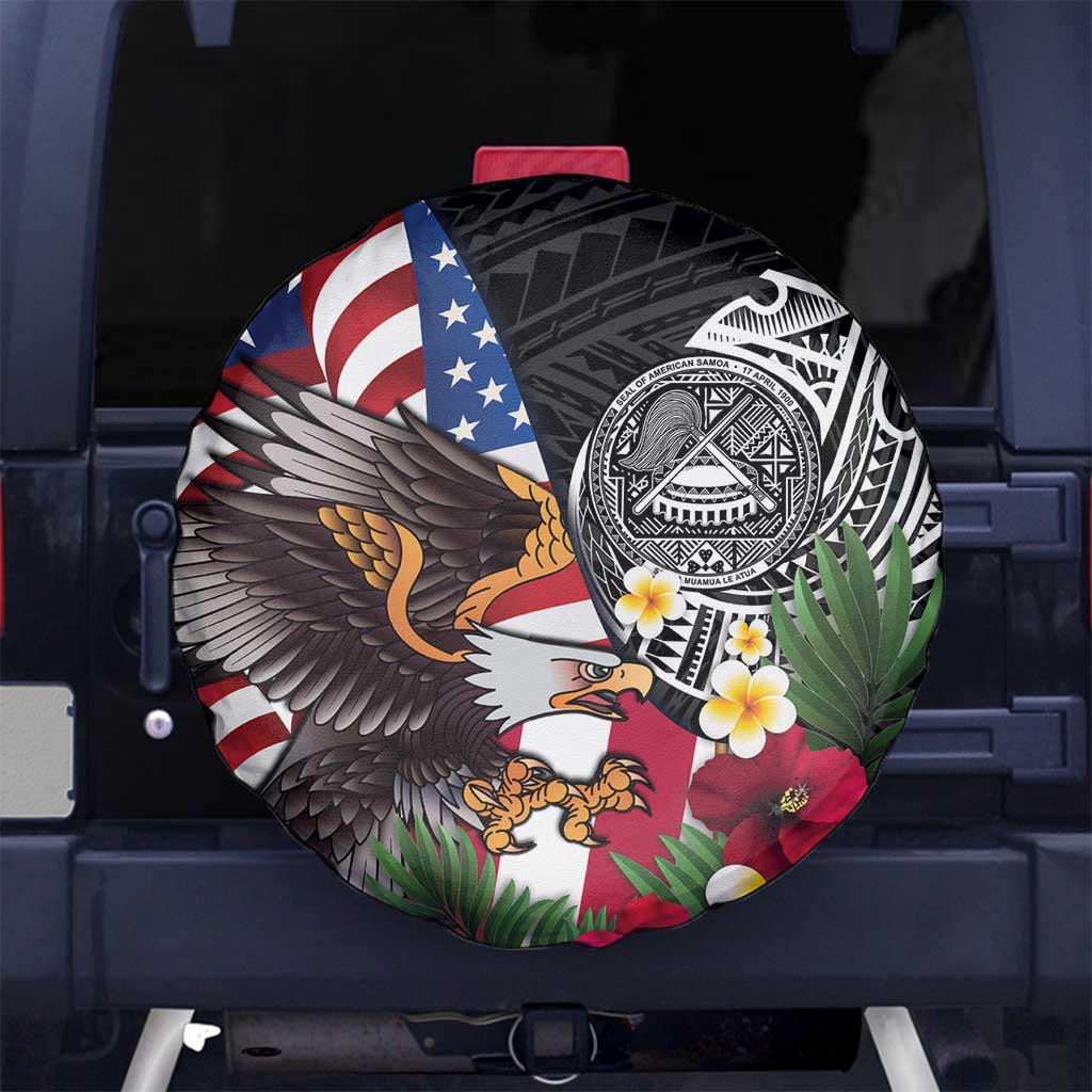United States and American Samoa Spare Tire Cover USA Flag Eagle With Seal Tropical Flowers