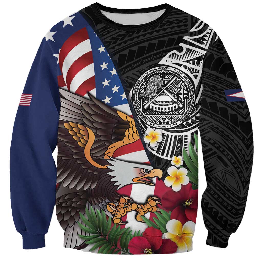 United States and American Samoa Sweatshirt USA Flag Eagle With Seal Tropical Flowers LT14 Unisex Black - Polynesian Pride