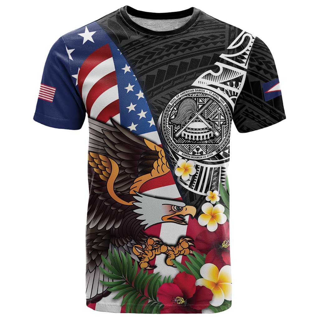 United States and American Samoa T Shirt USA Flag Eagle With Seal Tropical Flowers LT14 Black - Polynesian Pride