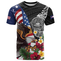 United States and American Samoa T Shirt USA Flag Eagle With Seal Tropical Flowers LT14 Black - Polynesian Pride