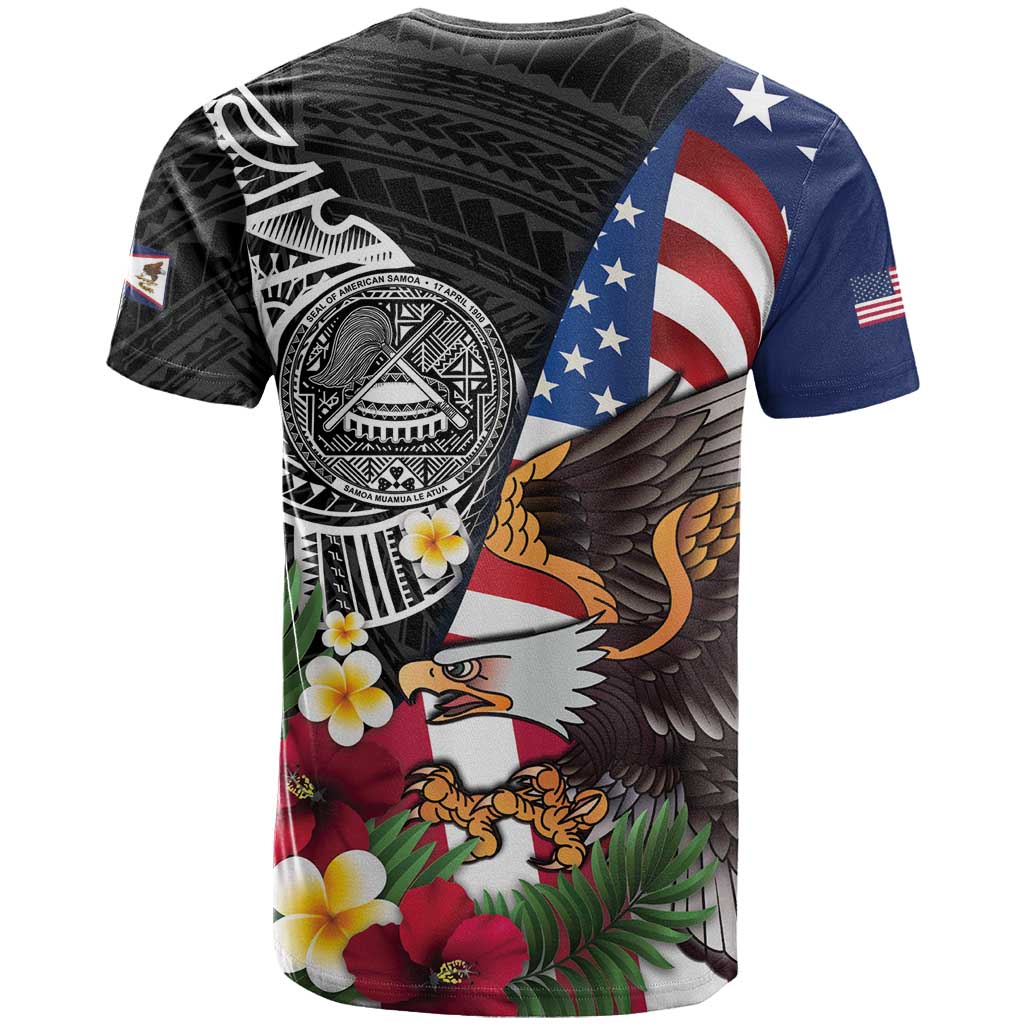 United States and American Samoa T Shirt USA Flag Eagle With Seal Tropical Flowers LT14 - Polynesian Pride