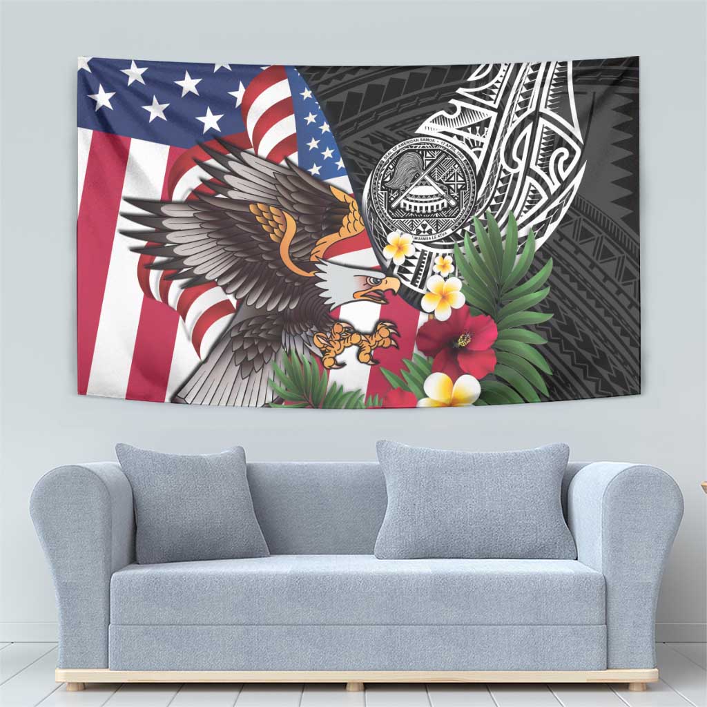 United States and American Samoa Tapestry USA Flag Eagle With Seal Tropical Flowers LT14 - Polynesian Pride