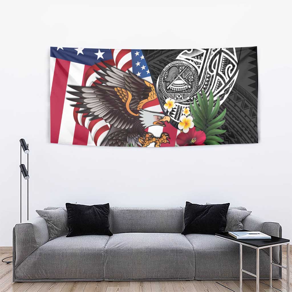United States and American Samoa Tapestry USA Flag Eagle With Seal Tropical Flowers LT14 - Polynesian Pride