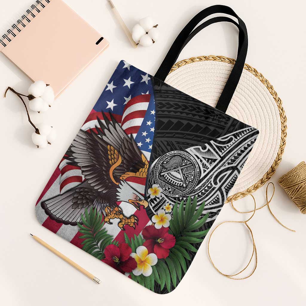 United States and American Samoa Tote Bag USA Flag Eagle With Seal Tropical Flowers LT14 Black Strap One Size Black - Polynesian Pride