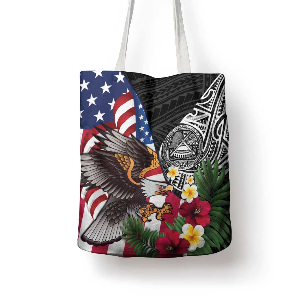 United States and American Samoa Tote Bag USA Flag Eagle With Seal Tropical Flowers LT14 - Polynesian Pride
