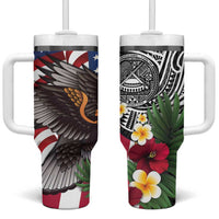 United States and American Samoa Tumbler With Handle USA Flag Eagle With Seal Tropical Flowers LT14 One Size: 40 oz Black - Polynesian Pride