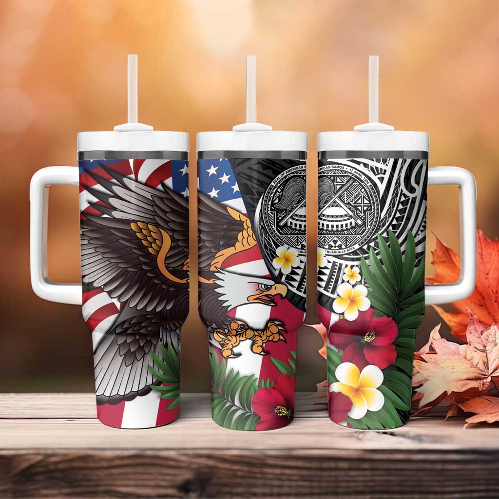 United States and American Samoa Tumbler With Handle USA Flag Eagle With Seal Tropical Flowers LT14 - Polynesian Pride