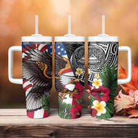 United States and American Samoa Tumbler With Handle USA Flag Eagle With Seal Tropical Flowers LT14 - Polynesian Pride