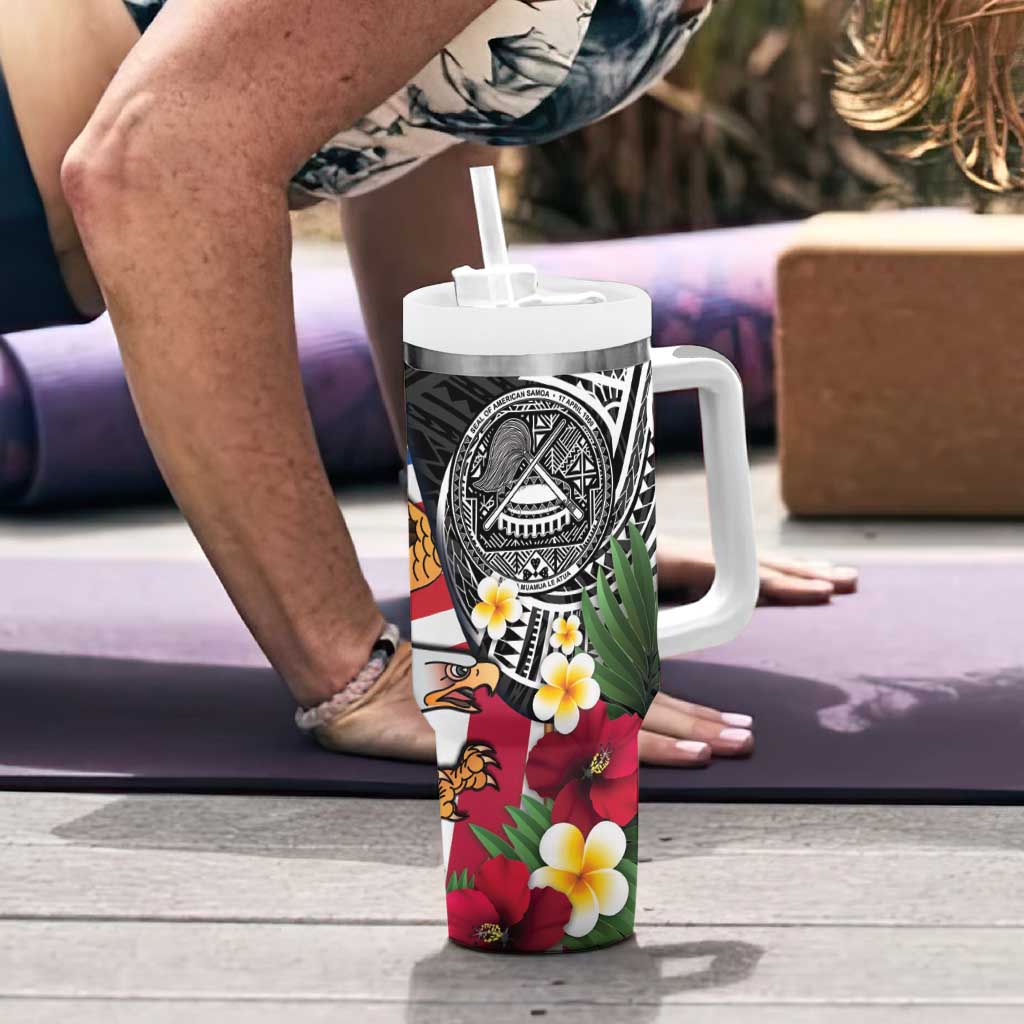 United States and American Samoa Tumbler With Handle USA Flag Eagle With Seal Tropical Flowers LT14 - Polynesian Pride