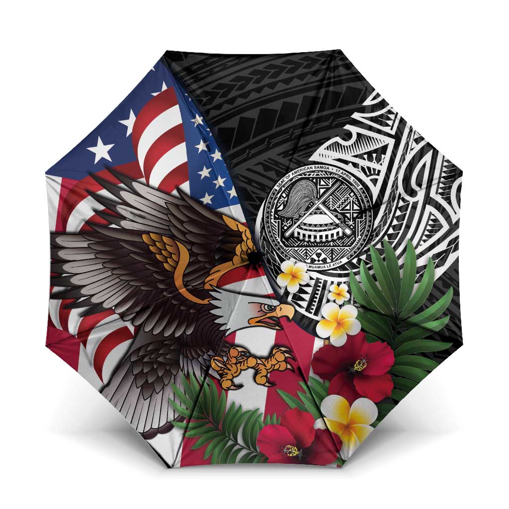 United States and American Samoa Umbrella USA Flag Eagle With Seal Tropical Flowers LT14 One Size Folded 11.42 inch Opened Diameter 37.4 inch Black - Polynesian Pride