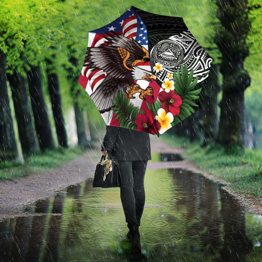 United States and American Samoa Umbrella USA Flag Eagle With Seal Tropical Flowers LT14 - Polynesian Pride