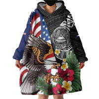 United States and American Samoa Wearable Blanket Hoodie USA Flag Eagle With Seal Tropical Flowers