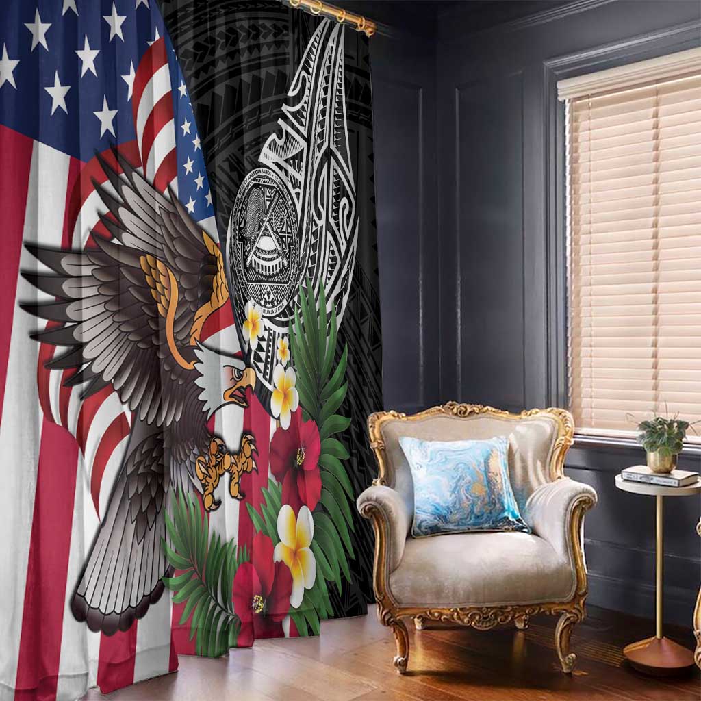 United States and American Samoa Window Curtain USA Flag Eagle With Seal Tropical Flowers LT14 - Polynesian Pride