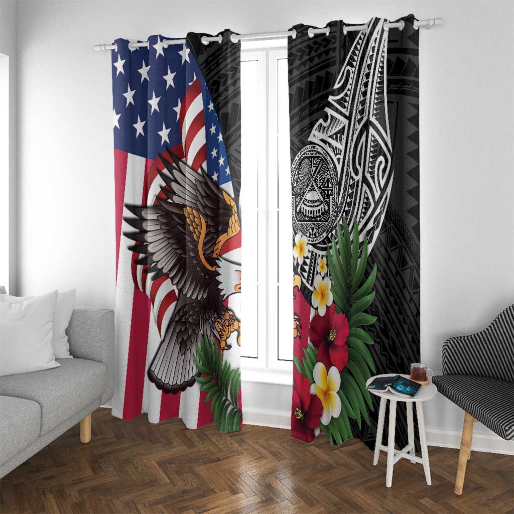 United States and American Samoa Window Curtain USA Flag Eagle With Seal Tropical Flowers LT14 With Grommets Black - Polynesian Pride