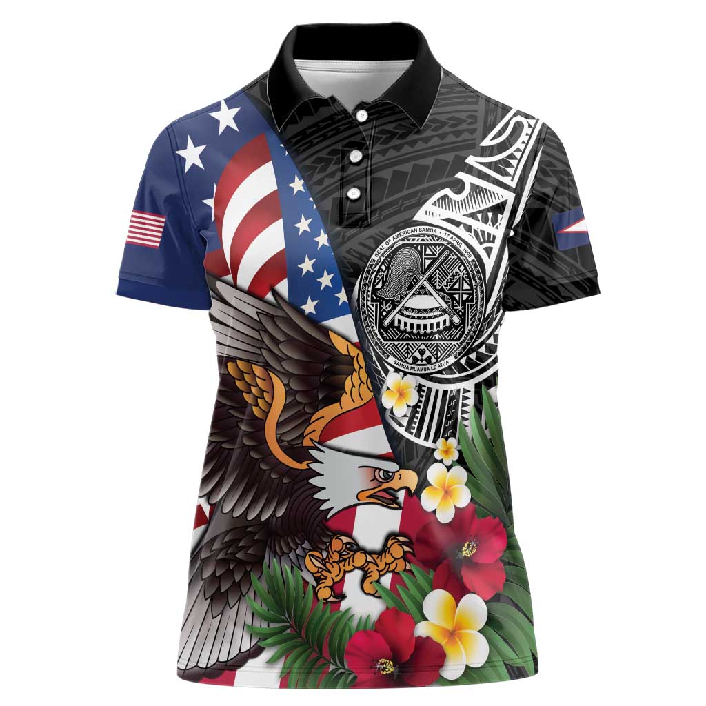 United States and American Samoa Women Polo Shirt USA Flag Eagle With Seal Tropical Flowers LT14 Female Black - Polynesian Pride