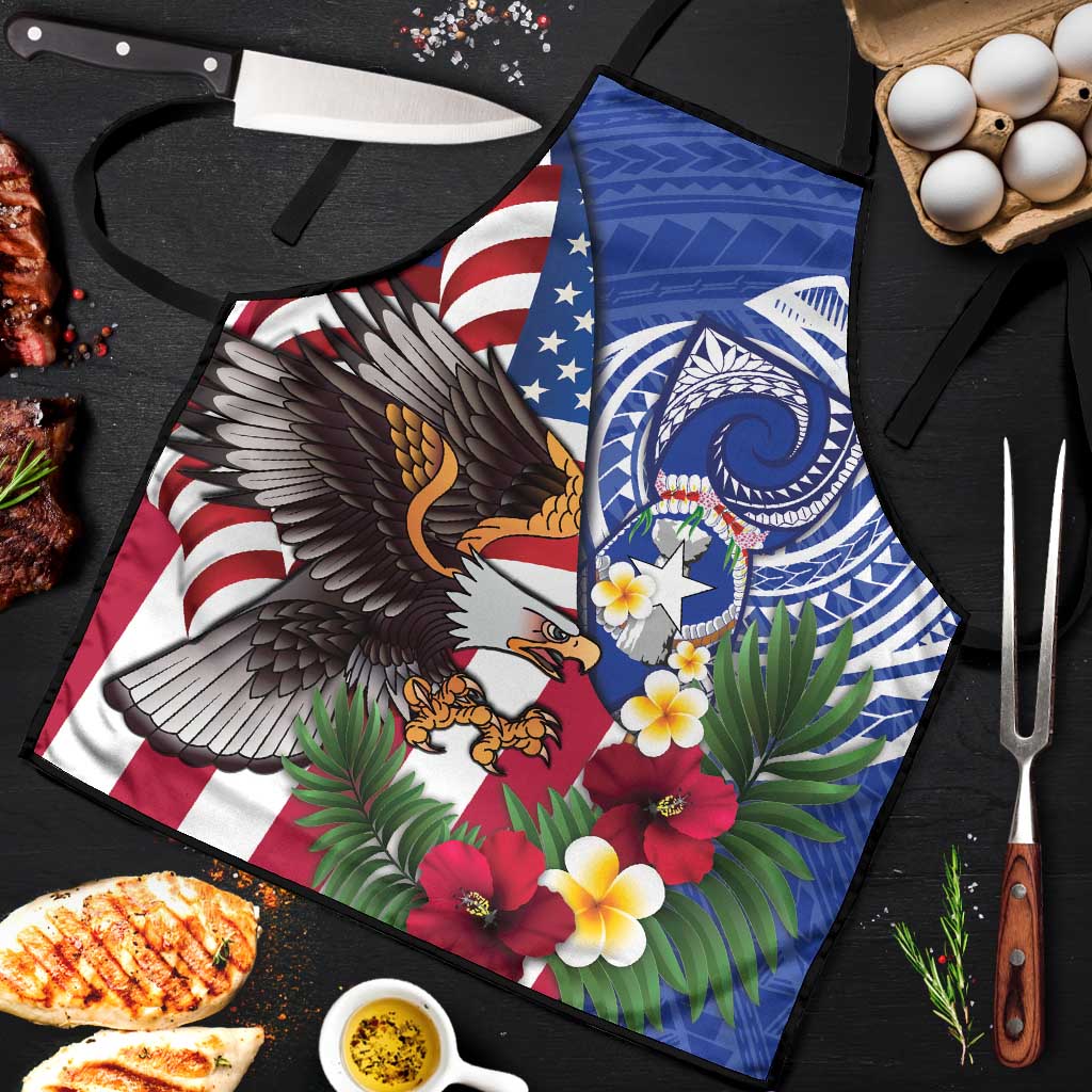 United States and Northern Mariana Islands Apron USA Flag Eagle CNMI Latte Stone Tropical Flowers LT14 Blue - Polynesian Pride