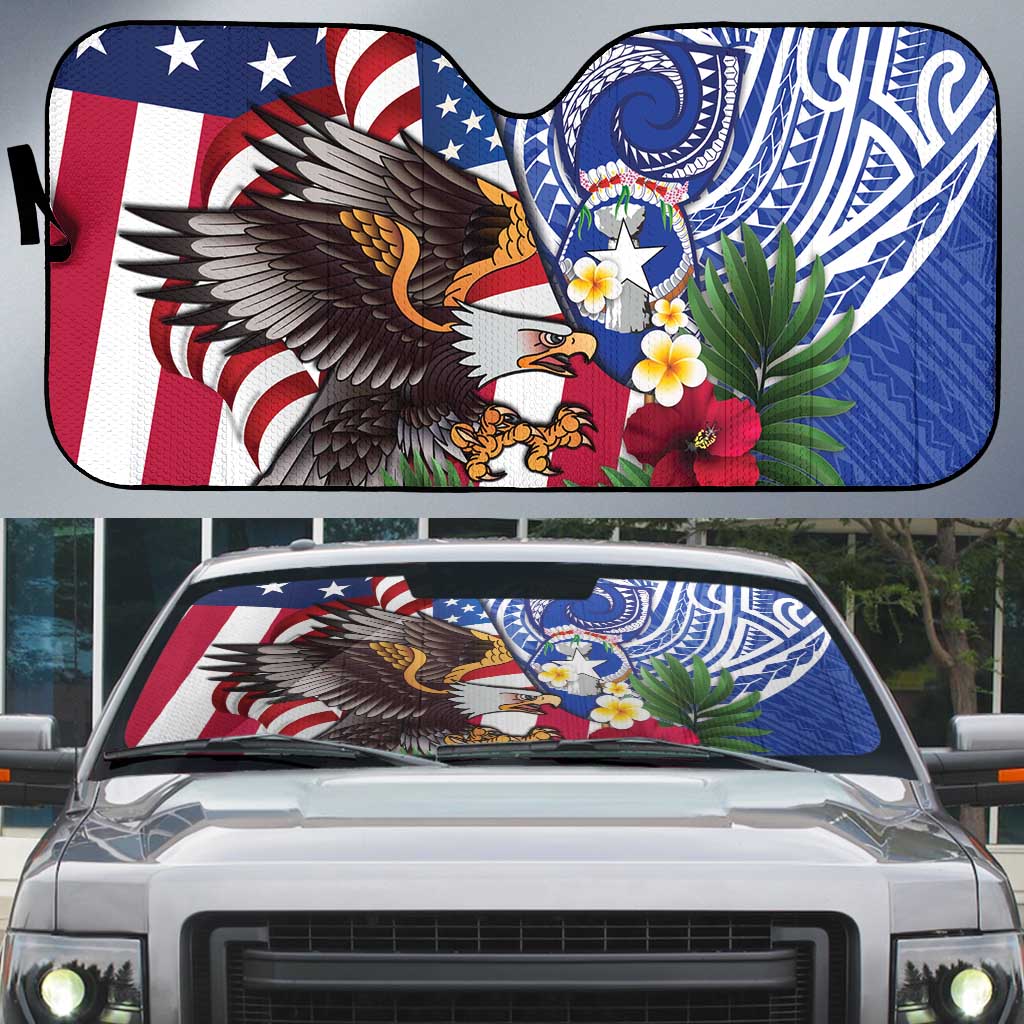 United States and Northern Mariana Islands Auto Sun Shade USA Flag Eagle CNMI Latte Stone Tropical Flowers LT14 Blue - Polynesian Pride