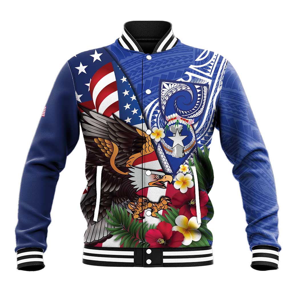 United States and Northern Mariana Islands Baseball Jacket USA Flag Eagle CNMI Latte Stone Tropical Flowers LT14 Unisex Blue - Polynesian Pride
