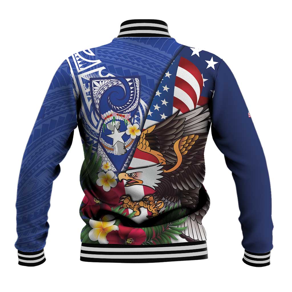 United States and Northern Mariana Islands Baseball Jacket USA Flag Eagle CNMI Latte Stone Tropical Flowers LT14 - Polynesian Pride