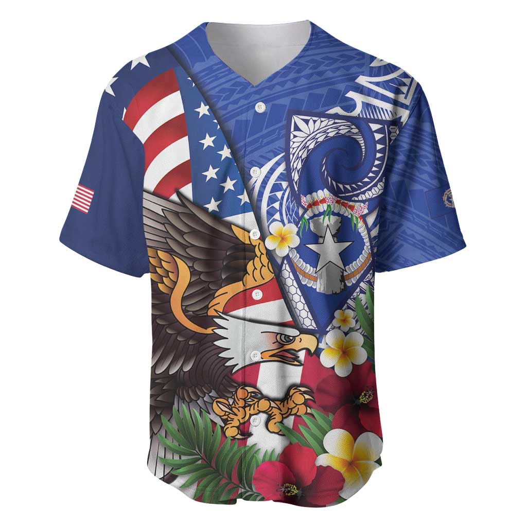 United States and Northern Mariana Islands Baseball Jersey USA Flag Eagle CNMI Latte Stone Tropical Flowers LT14 Blue - Polynesian Pride
