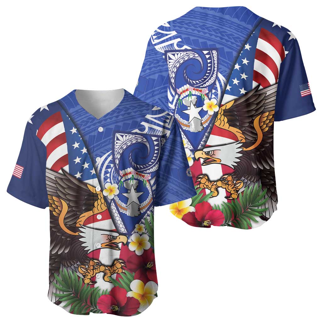 United States and Northern Mariana Islands Baseball Jersey USA Flag Eagle CNMI Latte Stone Tropical Flowers LT14 - Polynesian Pride