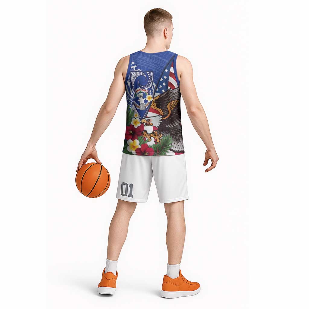 United States and Northern Mariana Islands Basketball Jersey USA Flag Eagle CNMI Latte Stone Tropical Flowers