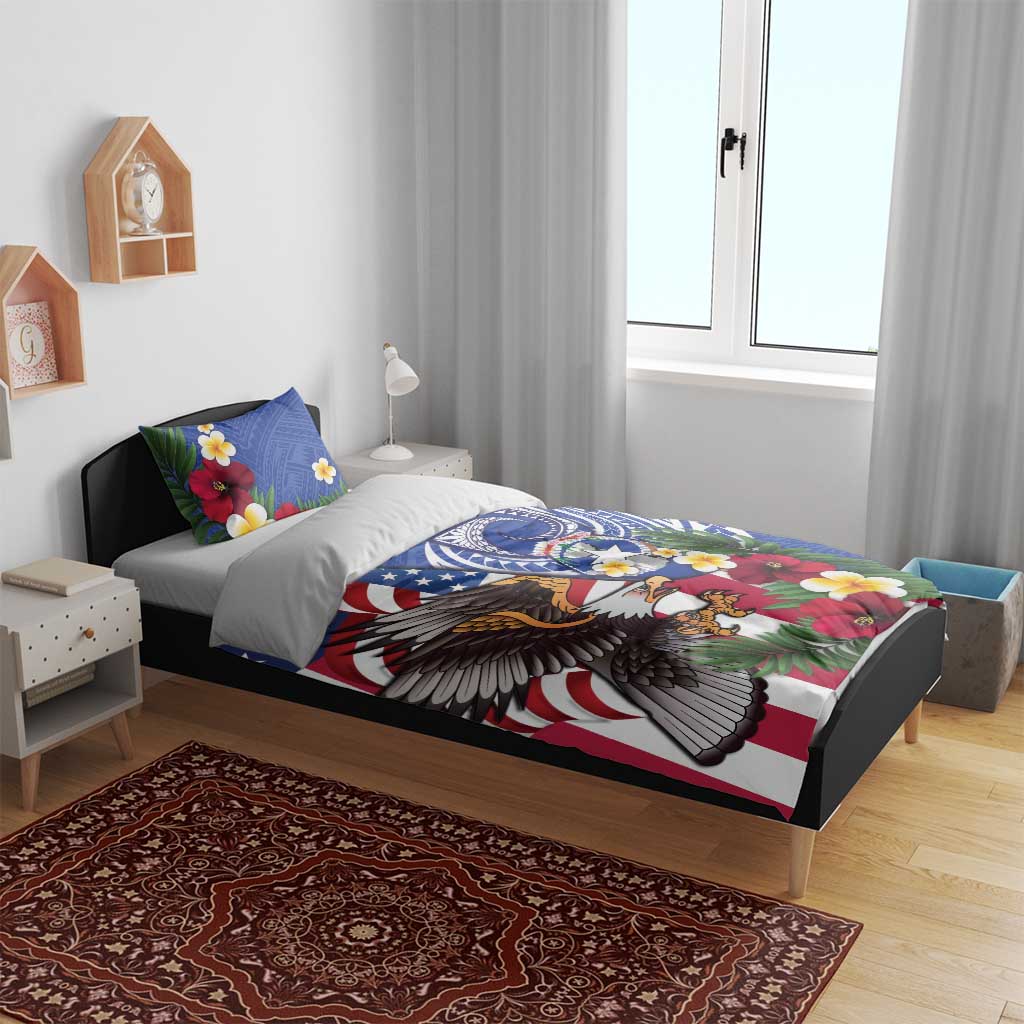 United States and Northern Mariana Islands Bedding Set USA Flag Eagle CNMI Latte Stone Tropical Flowers