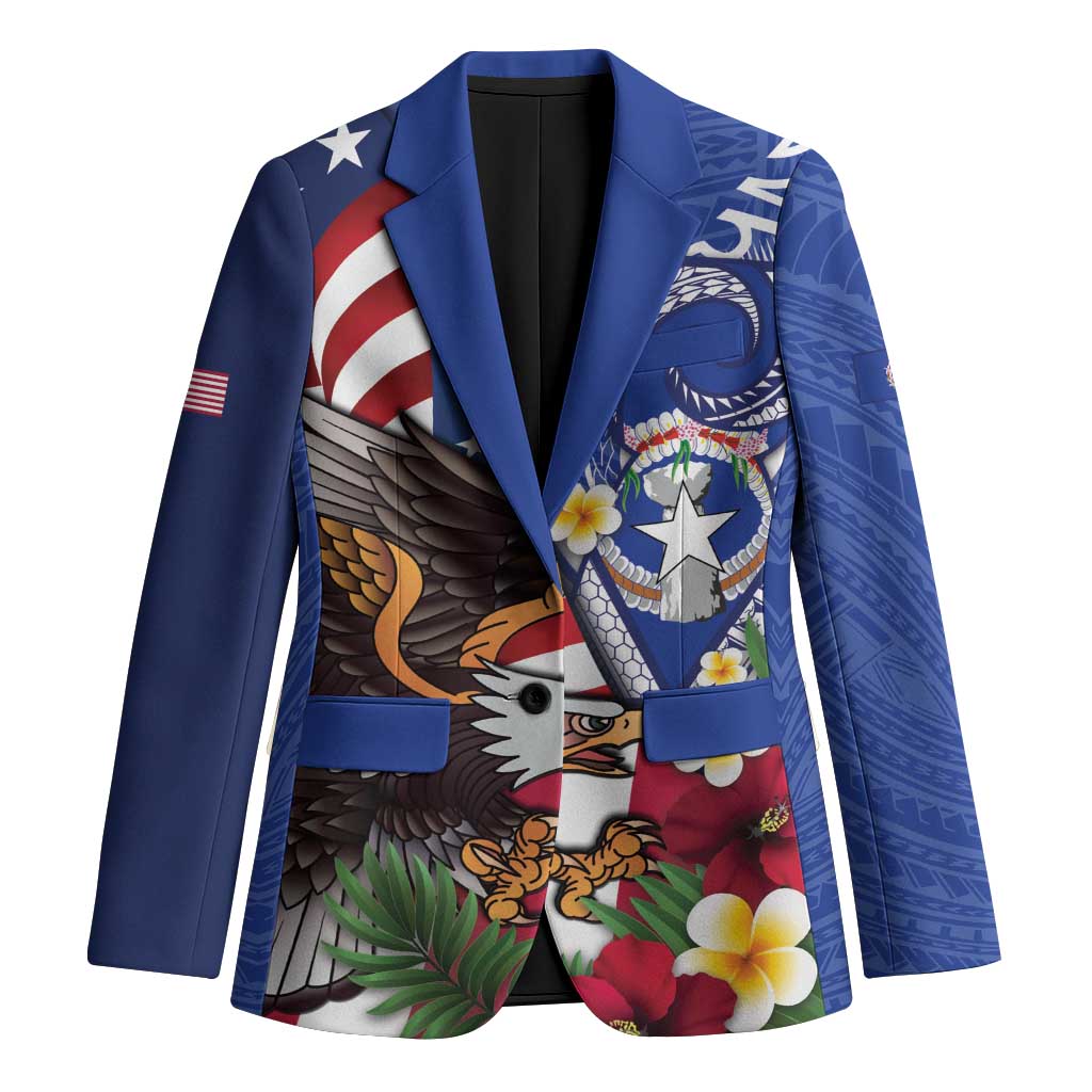 United States and Northern Mariana Islands Blazer USA Flag Eagle CNMI Latte Stone Tropical Flowers LT14 Unisex Blue - Polynesian Pride