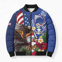 United States and Northern Mariana Islands Bomber Puffer Jacket USA Flag Eagle CNMI Latte Stone Tropical Flowers LT14 Unisex Blue - Polynesian Pride