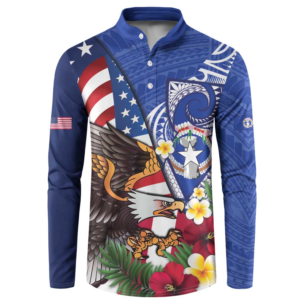 United States and Northern Mariana Islands Button Sweatshirt USA Flag Eagle CNMI Latte Stone Tropical Flowers LT14 Blue - Polynesian Pride