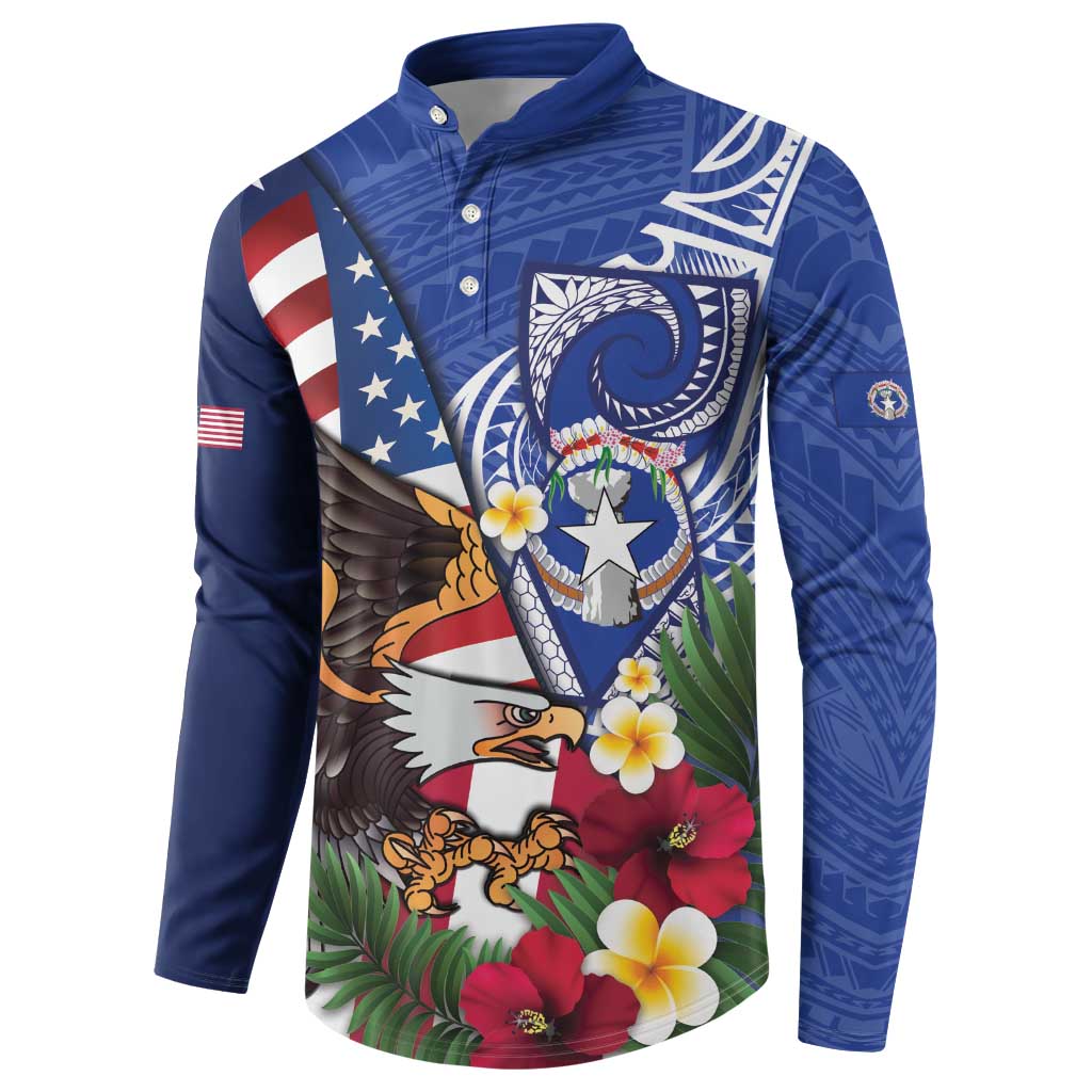 United States and Northern Mariana Islands Button Sweatshirt USA Flag Eagle CNMI Latte Stone Tropical Flowers LT14 - Polynesian Pride