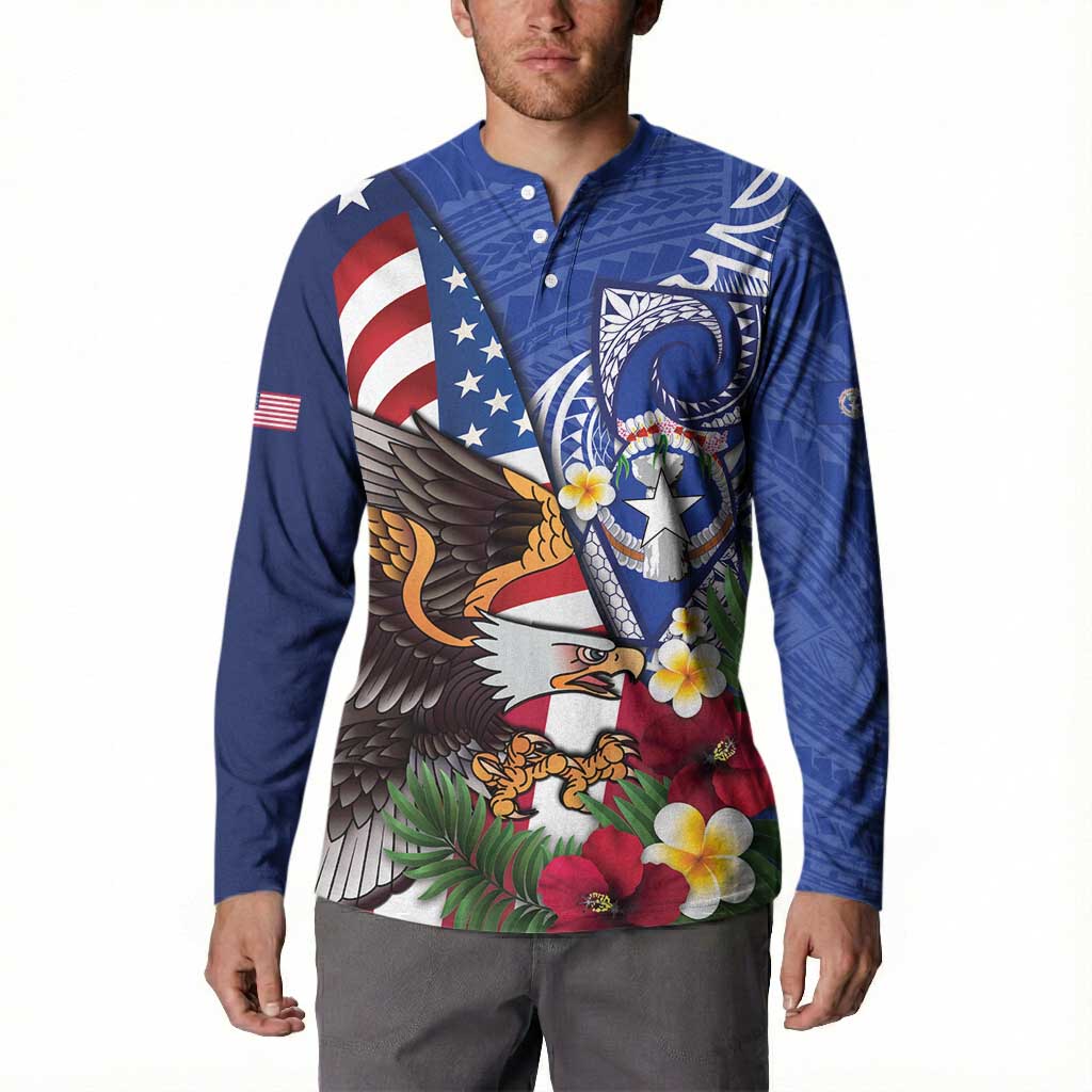 United States and Northern Mariana Islands Button Sweatshirt USA Flag Eagle CNMI Latte Stone Tropical Flowers LT14 - Polynesian Pride