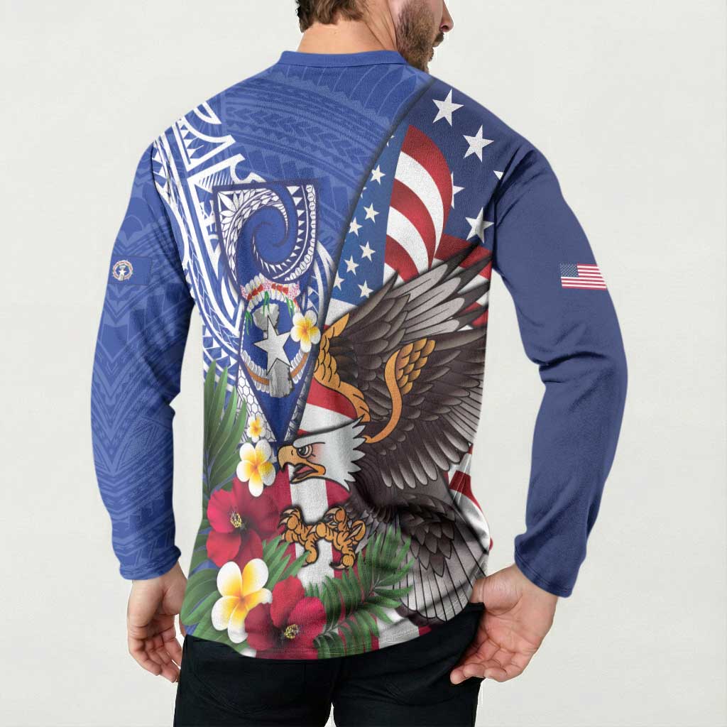 United States and Northern Mariana Islands Button Sweatshirt USA Flag Eagle CNMI Latte Stone Tropical Flowers LT14 - Polynesian Pride