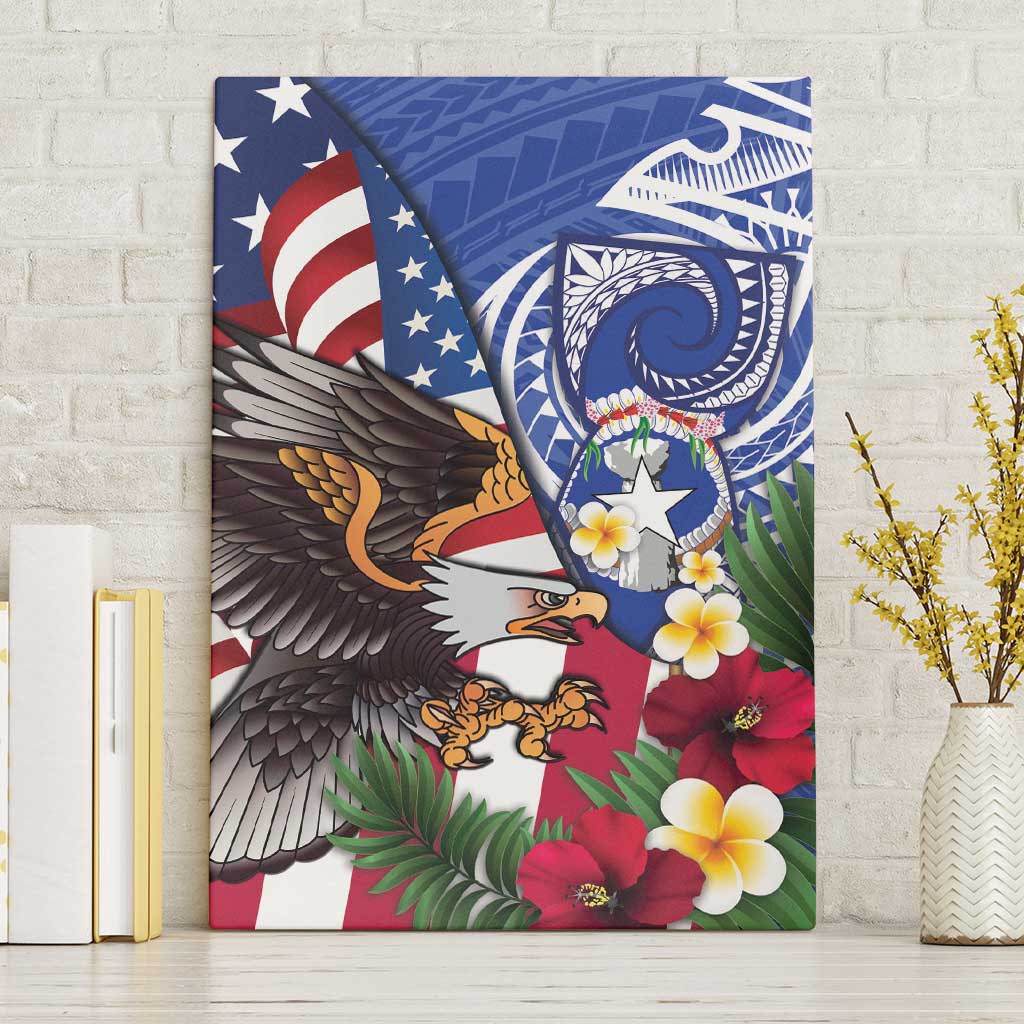 United States and Northern Mariana Islands Canvas Wall Art USA Flag Eagle CNMI Latte Stone Tropical Flowers LT14 Without Frame Blue - Polynesian Pride
