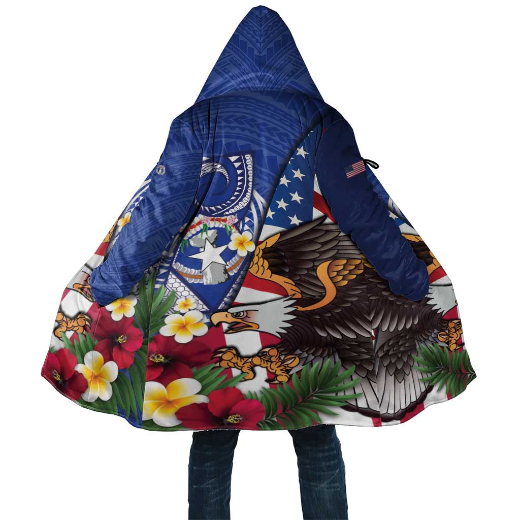 United States and Northern Mariana Islands Cloak USA Flag Eagle CNMI Latte Stone Tropical Flowers LT14 Unisex Blue - Polynesian Pride
