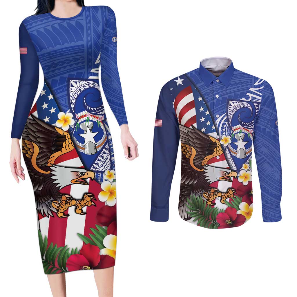 United States and Northern Mariana Islands Couples Matching Long Sleeve Bodycon Dress and Long Sleeve Button Shirt USA Flag Eagle CNMI Latte Stone Tropical Flowers LT14 Blue - Polynesian Pride