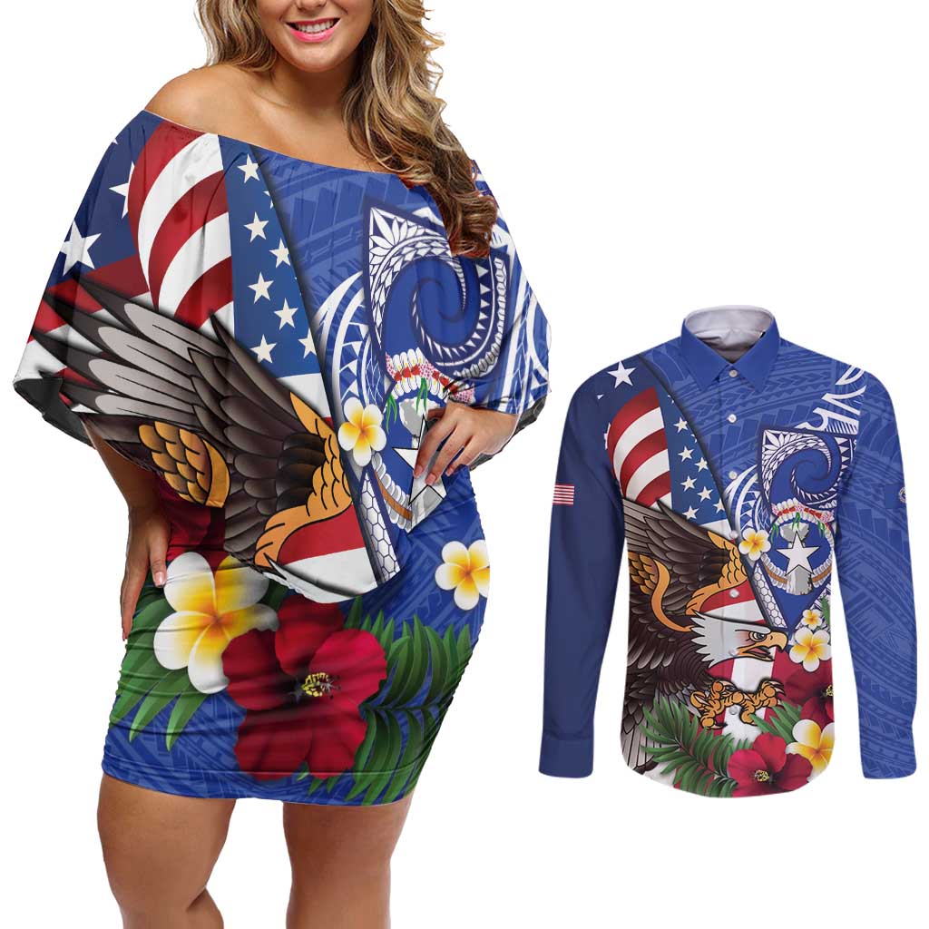 United States and Northern Mariana Islands Couples Matching Off Shoulder Short Dress and Long Sleeve Button Shirt USA Flag Eagle CNMI Latte Stone Tropical Flowers LT14 Blue - Polynesian Pride