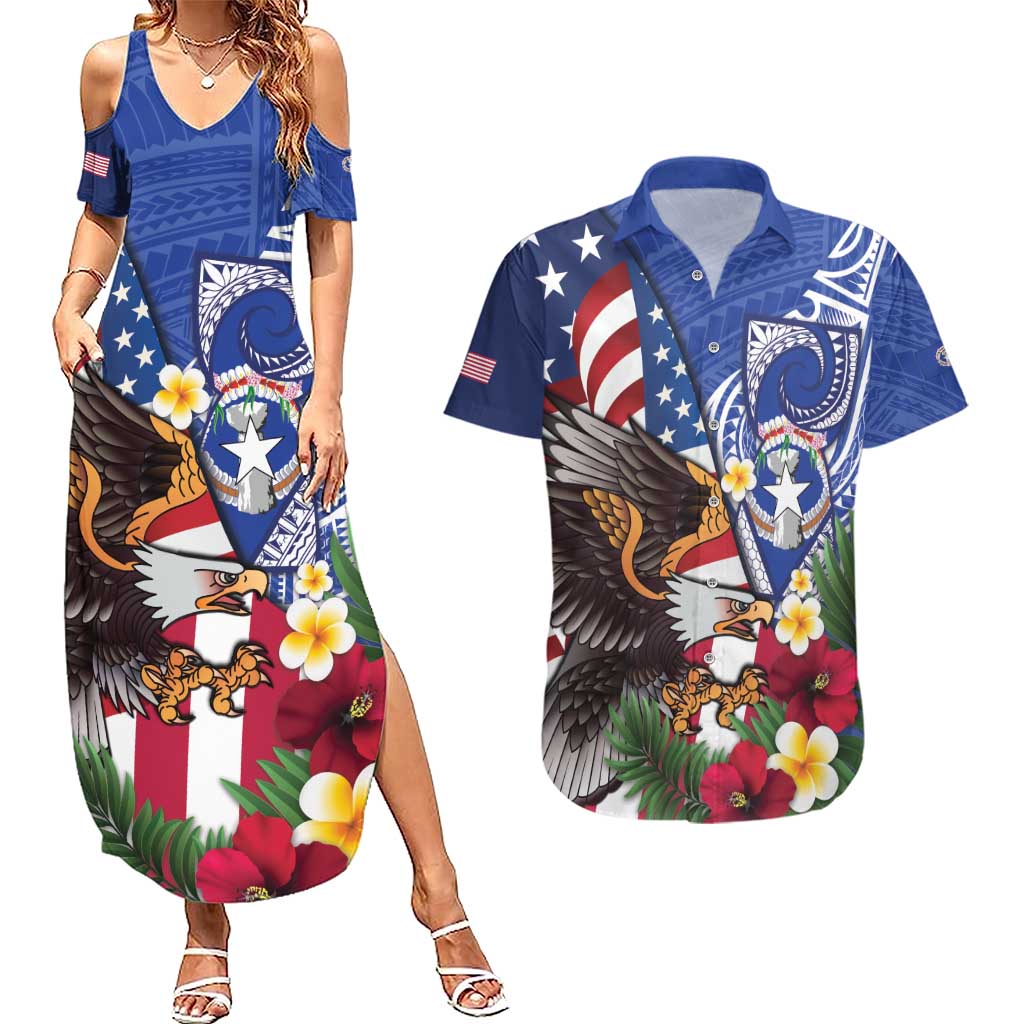 United States and Northern Mariana Islands Couples Matching Summer Maxi Dress and Hawaiian Shirt USA Flag Eagle CNMI Latte Stone Tropical Flowers