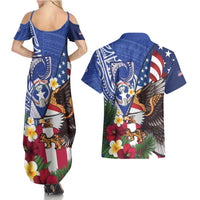United States and Northern Mariana Islands Couples Matching Summer Maxi Dress and Hawaiian Shirt USA Flag Eagle CNMI Latte Stone Tropical Flowers